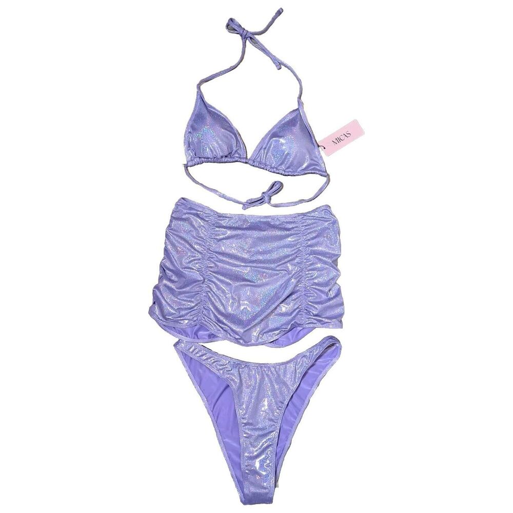 Micas Y2K Shiny 3 Piece Set Ruched Clubwear Rave Pastel Goth Skirt Top Bottoms L